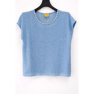 Ruby Rd Blue Crochet Lace Top Studded Neckline Size Large L Chevron Knit Blouse